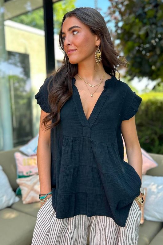 Agnes Cushion Cotton Cap Sleeve Top Black